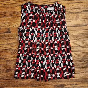 Calvin Klein Black Red White Print Blouse Business Casual Top Sleeveless Small
